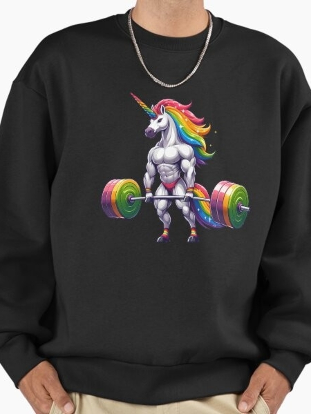 Gildan Black Crewneck with Rainbow Unicorn Weightlifter Graphic